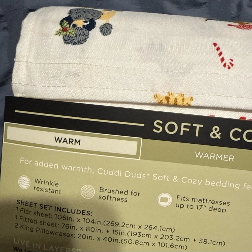 Cuddl Duds King Sheet Set - White with Colorful Dog Print NEW